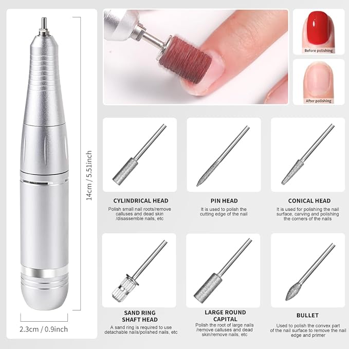 ANRLO Professional Electric Nail Drill, 45000 RPM Cordless Rechargeable E-File Machine, with 12 Bits, Sanding Bands, LCD Display for Acrylic Gel Nails (Metallic White)