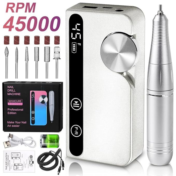 ANRLO Professional Electric Nail Drill, 45000 RPM Cordless Rechargeable E-File Machine, with 12 Bits, Sanding Bands, LCD Display for Acrylic Gel Nails (Metallic White)