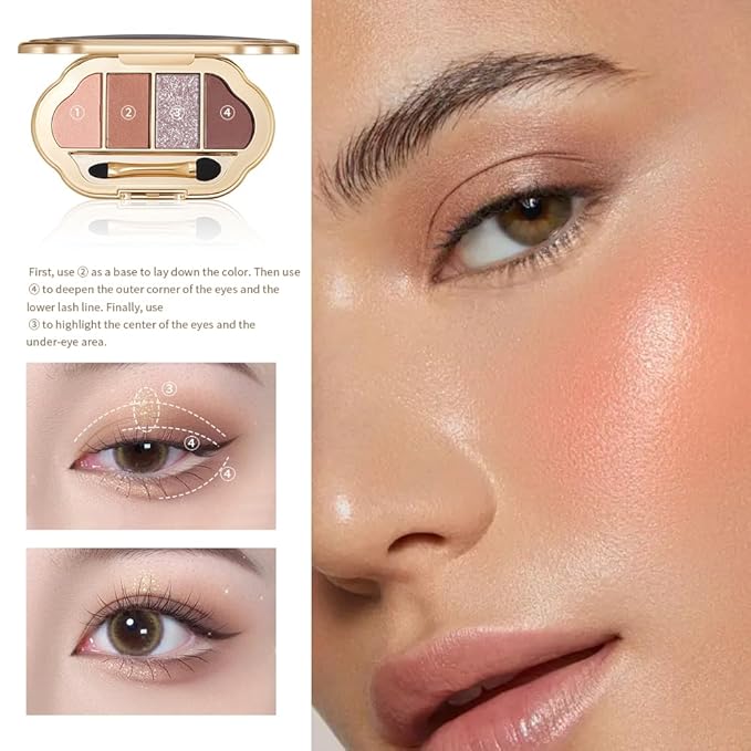 4 Color Eyeshadow Palette, Matte and Shimmer Powder Makeup, Highly Pigmented Blendable Shadows, Long-Lasting Waterproof, Natural Nude Brown Pink Shades (4#, 1 Count (Pack of 1))