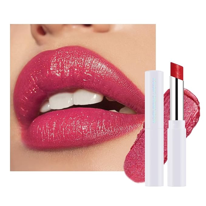 Hot Pink Shimmer Metallic Moisturizing Glow Plumping Lipstick Makeup, Lipstick with Metallic 3D Shine Lightweight Hydrating Formula, Glitter Lip Gloss Stain Long Lasting Waterproof (02#Hot Pink)