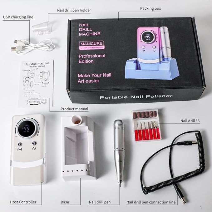 ANRLO Professional Electric Nail Drill, 45000 RPM Cordless Rechargeable E-File Machine, with 12 Bits, Sanding Bands, LCD Display for Acrylic Gel Nails (DMJ-V8-White-USB)
