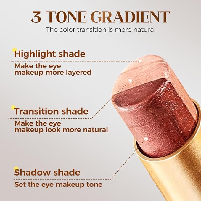 3-in-1 Easy Eyeshadow Stick, All-in-One Eyeshadow for Highlight, Transition & Contour, Quick Blendable Makeup Stick for Beginners, Portable Eyeshadows for Daily Use (Light Brown)