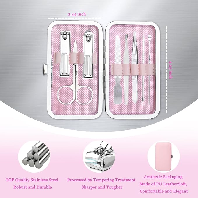 Nail Clippers Set, Manicure Grooming Care Tools Kit: Fingernail Clipper & Toenail Pedicure Cutter, Mini Nail Trimmer Kit with Travel Case Gifts for Women (Pink)