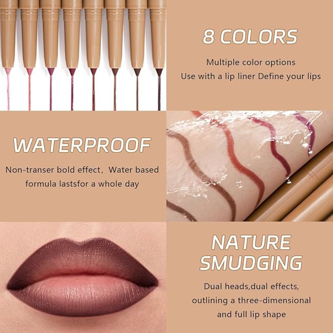 Matte Lip Liner – Dual-Ended Retractable Pencil with Silicone Smudger, Waterproof Long Wear Crayon for Flawless Contour & Plump Lips, Vegan Cruelty-Free Beauty for Everyday Elegance (08#, 1PCS)