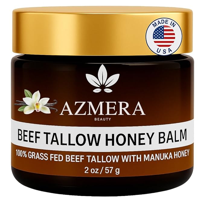 Azmera Beauty 100% Grass-Fed Beef Tallow Balm, Manuka Honey MGO263+, Organic Beeswax & Olive Oil, Beef Tallow for skin,Handmade Moisturizer for Dry Skin, Eczema Relief, & Healing Skin(2oz, Vanilla)