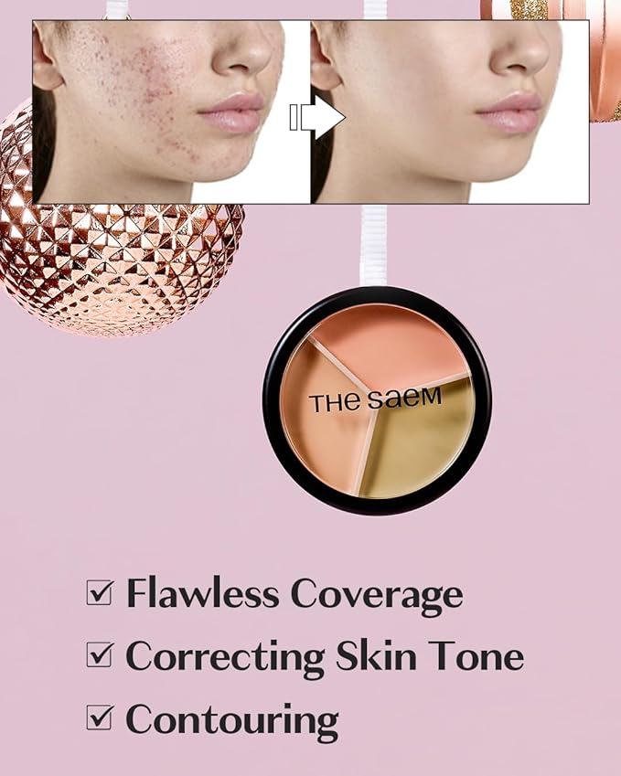 THESAEM Cover Perfection Triple Pot Concealer - 01 Correct Beige for Red Tone & Dark Circles - 3-Color Multi Concealer Palette for Skin Tones 21-23 - Korean Makeup with Sweet Almond Oil & Herbal Water
