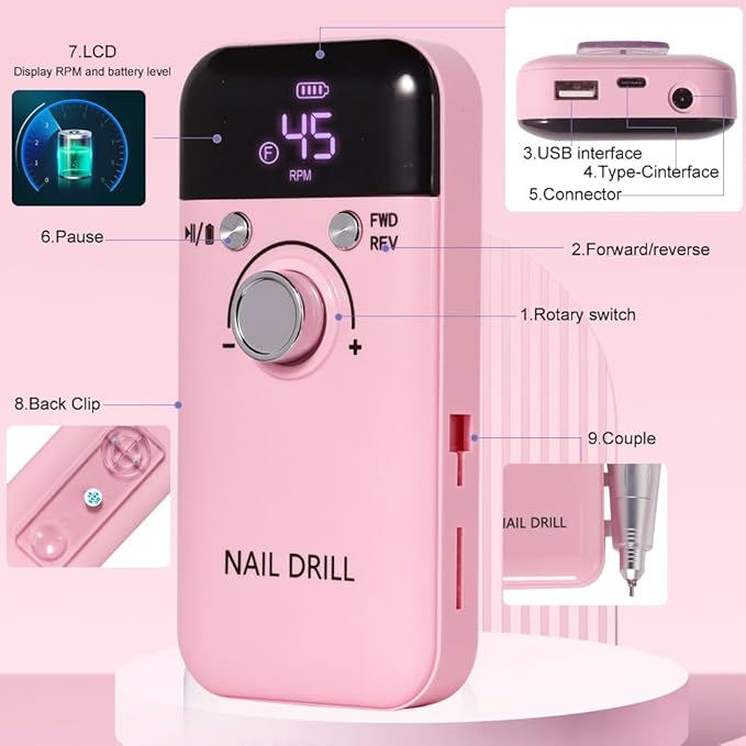 ANRLO Professional Electric Nail Drill, 45000 RPM Cordless Rechargeable E-File Machine, with 12 Bits, Sanding Bands, LCD Display for Acrylic Gel Nails (DMJ-V6-PINK-USB)