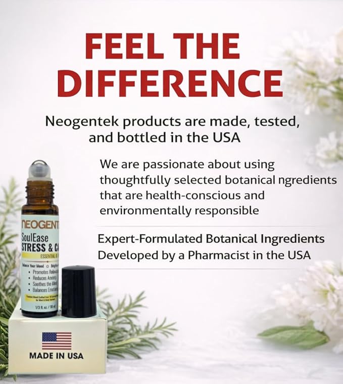 SoulEase Stress & Calm Essential Oil Roll On – Made from 10 Premium Calming Botanicals – Soothing Floral • Warm Wood • Gentle Citrus – 100% Natural Oil – Made in USA 10ML (SoulEase Stress & Calm)