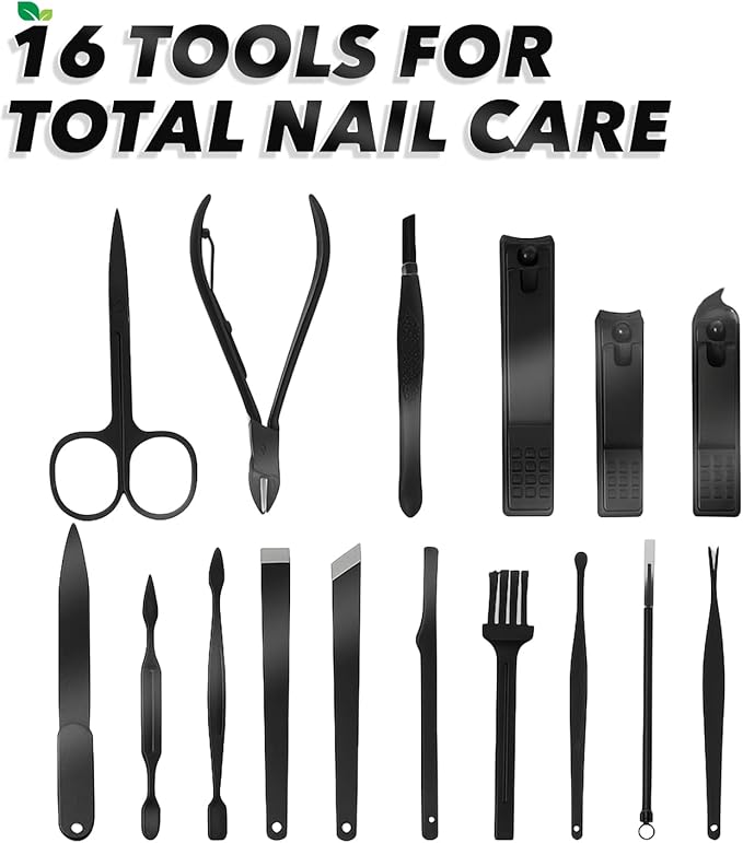 Earth & I 16 pc + Leatherette Case Nail Manicure Kit, Nail Trimmers, Toe Clippers, Toenail Nails Cutter, Mens Care, Mens Travel Toiletries, Manicure and Pedicure Kit for Women & Man