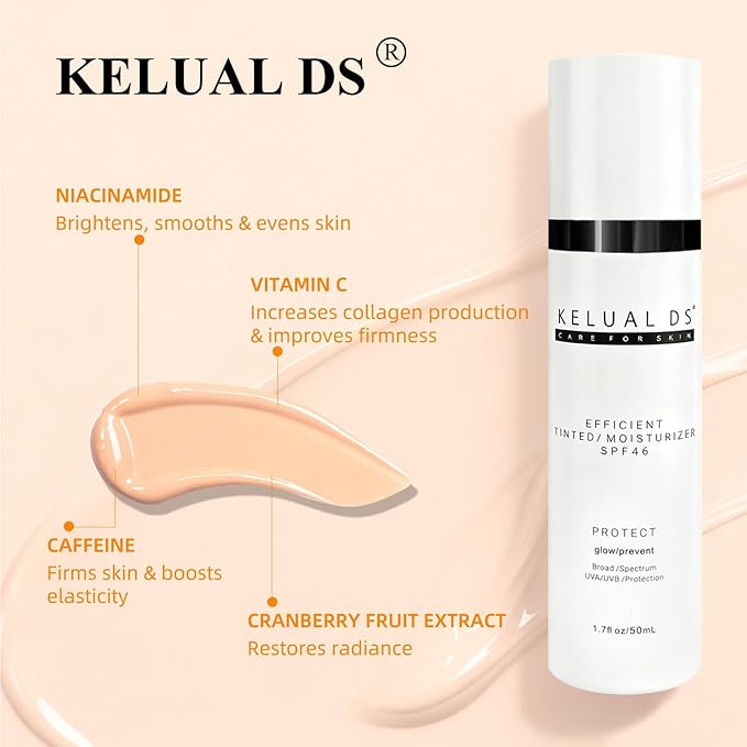 KELUAL DS Anti-Aging Tinted Face Moisturizer & Sheer Face Sunscreen SPF 46, Hydrating Skin Care & Sunscreen Moisturizer,1.7OZ/50ML