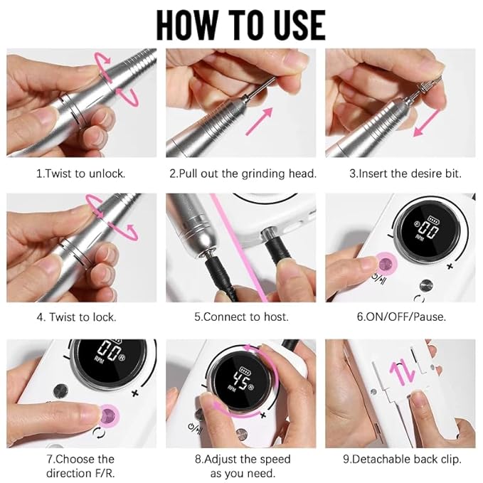 ANRLO Professional Electric Nail Drill, 45000 RPM Cordless Rechargeable E-File Machine, with 12 Bits, Sanding Bands, LCD Display for Acrylic Gel Nails (DMJ-V1-White)