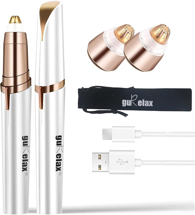 gurelax Eyebrow Hair Remover, Electric Eyebrow Trimmer for Women,Face and Eye Brow Razor with LED Light for Women Rechargeable with 2 x Replacement Heads (White)