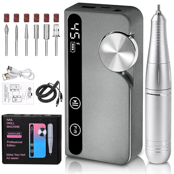 ANRLO Professional Electric Nail Drill, 45000 RPM Cordless Rechargeable E-File Machine, with 12 Bits, Sanding Bands, LCD Display for Acrylic Gel Nails (Metallic Gray)