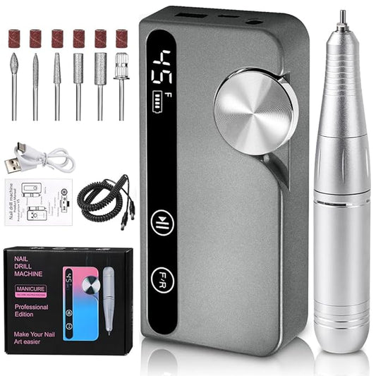 ANRLO Professional Electric Nail Drill, 45000 RPM Cordless Rechargeable E-File Machine, with 12 Bits, Sanding Bands, LCD Display for Acrylic Gel Nails (Metallic Gray)