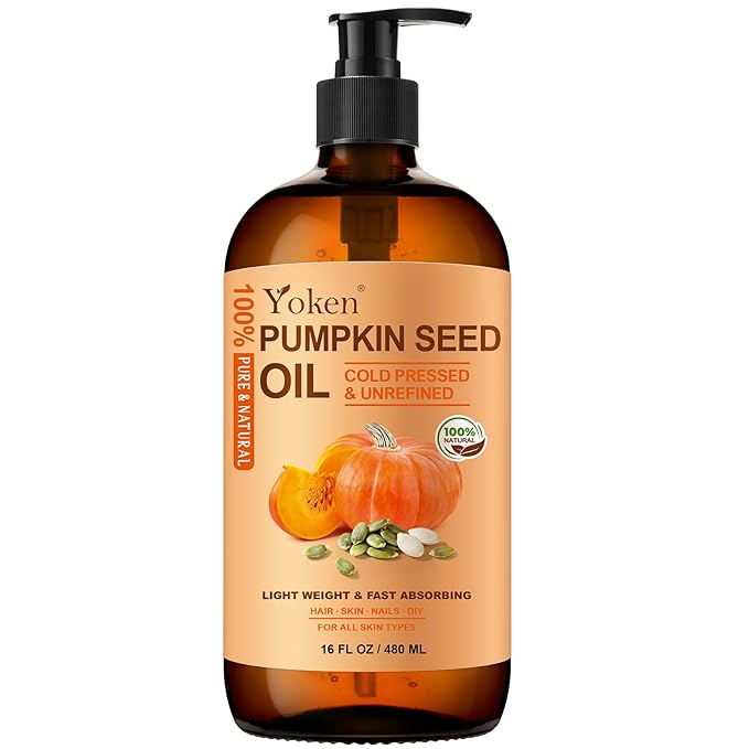 Pumpkin Seed Oil for Hair & Scalp Care, Glass Bottle, Unrefined, Cold-Pressed & Hexane-Free, Nourishes Hair, 100% Pure & Natural Pumpkin Oil for Skin & Body Massage, with Pump, 16 fl oz