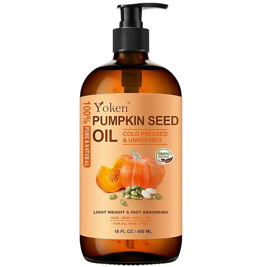 Pumpkin Seed Oil for Hair & Scalp Care, Glass Bottle, Unrefined, Cold-Pressed & Hexane-Free, Nourishes Hair, 100% Pure & Natural Pumpkin Oil for Skin & Body Massage, with Pump, 16 fl oz