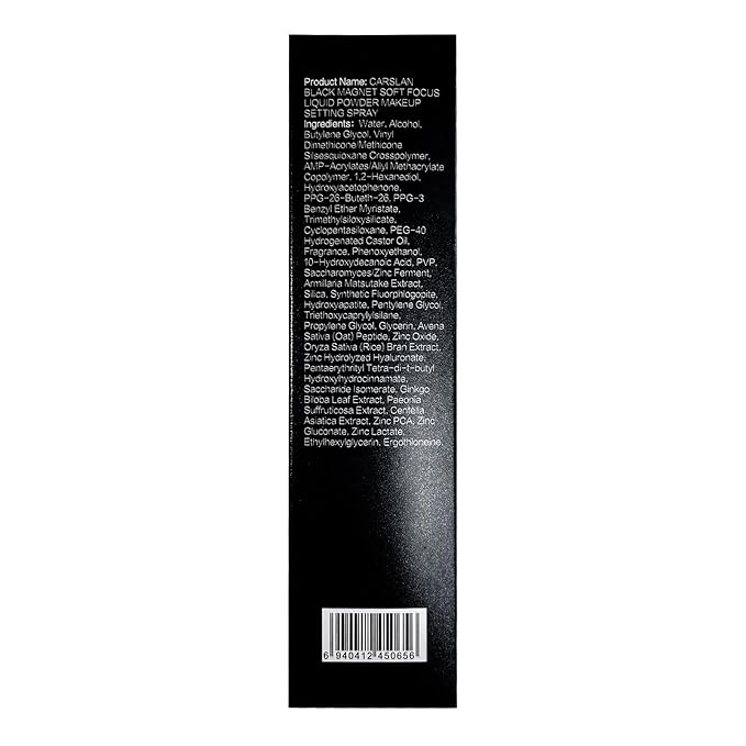 CARSLAN Black Magnet Liquid Powder Makeup Setting Spray, 16H Longlasting Oil Control Lock Face Makeup, Smudgeproof, Waterproof Finishing Spray, 100ml/3.4 Fl Oz
