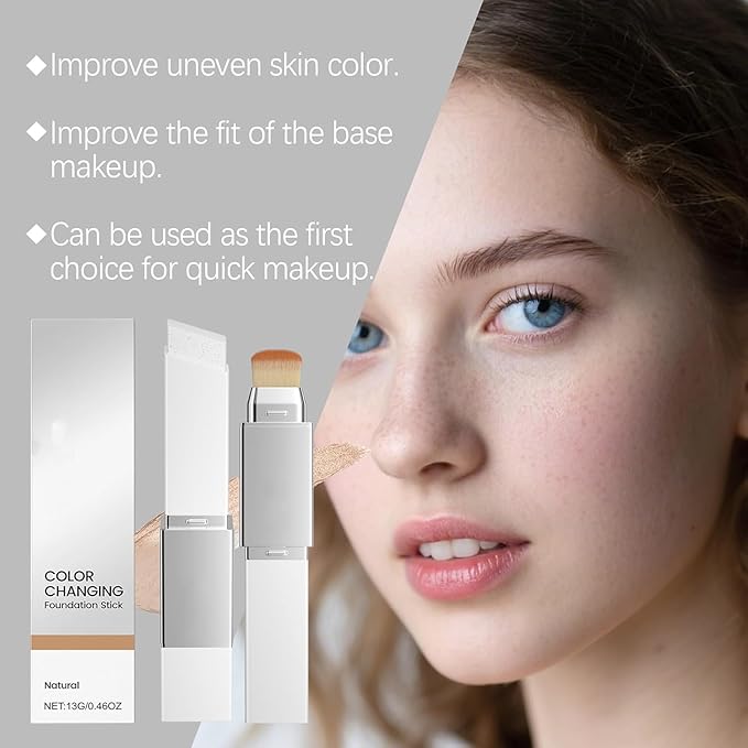 Color Changing Foundation Stick, Medium to Full Coverage Dewy Finish Base Makeup, Dual-Ended with Soft Brush for Flawless Look, Portable & Travel-Friendly (Natural)
