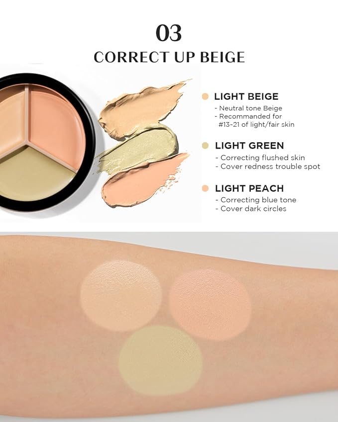 THESAEM Cover Perfection Triple Pot Concealer - 03 Correct Up Beige for Red Tone & Dark Circles - 3-Color Multi Concealer Palette for Light Skin Tones 13-21 - Korean Makeup with Sweet Almond Oil