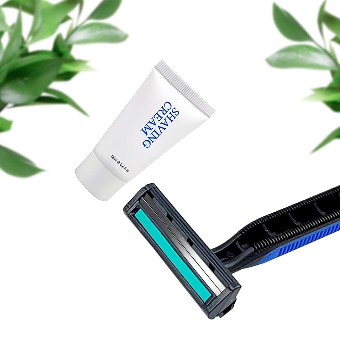 Shave Kit in Bulk, Smooth Shave Disposable Razor and Cream(12g), Individually Wrapped Toiletries Amenities for Hotel, Airbnb, Homeless, Shelter, Camping and Travel (50 Pack)