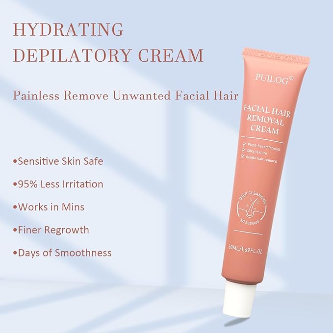 Facial Hair Removal Cream for Women Face, Painless Facial Depilatory Cream, Unwanted Chin Lip Hair Remover, Sensitive Skin Hair Removal At Home, Travel Size - 1.69fl.oz