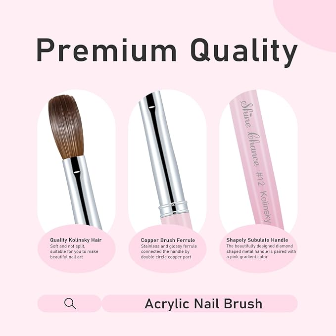 Acrylic Nail Brush Size 10, 100% Pure Kolinsky Nail Brush for Acrylic Application, Professional Nail Extension Manicure Tool Nail Drawing Pen for DIY Home Salon(Pink)
