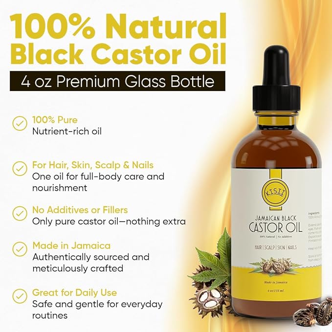 Kisii Jamaican Black Castor Oil – 100% Pure Castor Oil for Hair Growth, Scalp Care, Glowing Skin and Nails. Made in Jamaica - 4 oz Glass Bottle