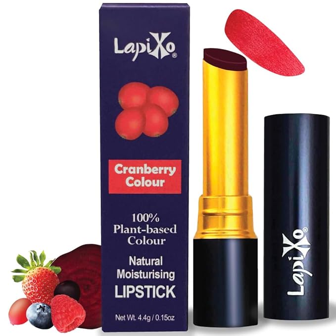 LAPIXO 100% Plant-based Color Lipstick, Unique Formula, Natural + Moisturizing | Non-Toxic, All Food Ingredients, Antioxidant-rich, Natural Matte Vibrant Color, 4.4g/0.15oz (Cranberry color)