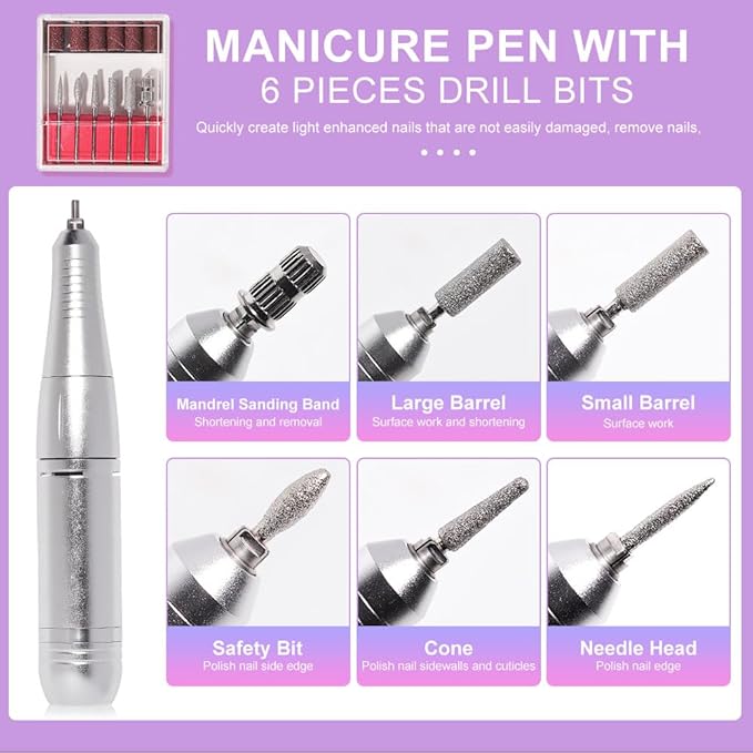 ANRLO Professional Electric Nail Drill, 45000 RPM Cordless Rechargeable E-File Machine, with 12 Bits, Sanding Bands, LCD Display for Acrylic Gel Nails (DMJ-V4-purple-USB)