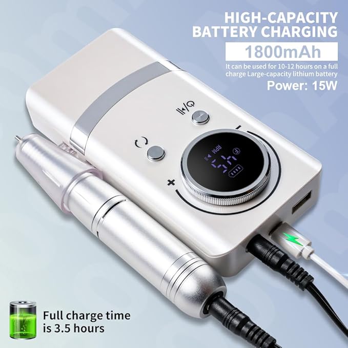 ANRLO Professional Electric Nail Drill, 45000 RPM Cordless Rechargeable E-File Machine, with 12 Bits, Sanding Bands, LCD Display for Acrylic Gel Nails (DMJ-V8-White-USB)