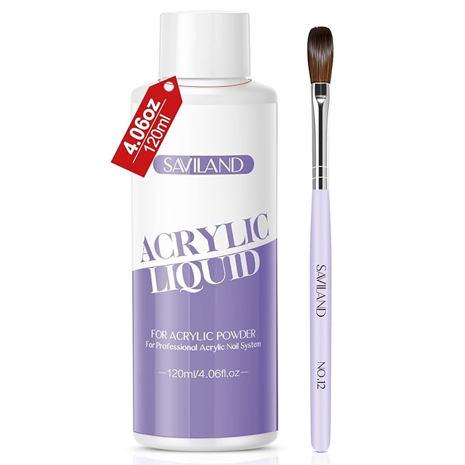 SAVILAND Monomer Acrylic Nail Liquid: 4.06 fl oz MMA-Free Acrylic Liquid Monomer with #12 Brush for Beginners, DIY Nail Art Extensions 3D Sculpting Non-Yellowing Low-Odor Formula for Home or Salon