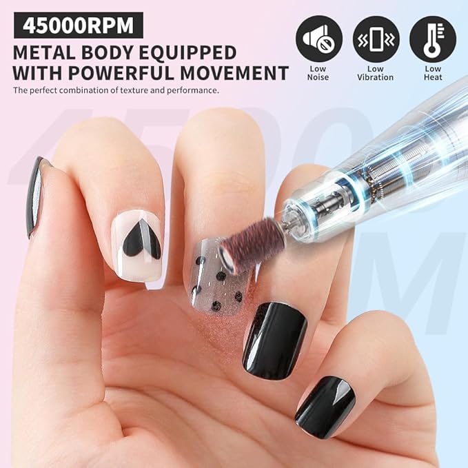 ANRLO Professional Electric Nail Drill, 45000 RPM Cordless Rechargeable E-File Machine, with 12 Bits, Sanding Bands, LCD Display for Acrylic Gel Nails (DMJ-V7-Color-USB)
