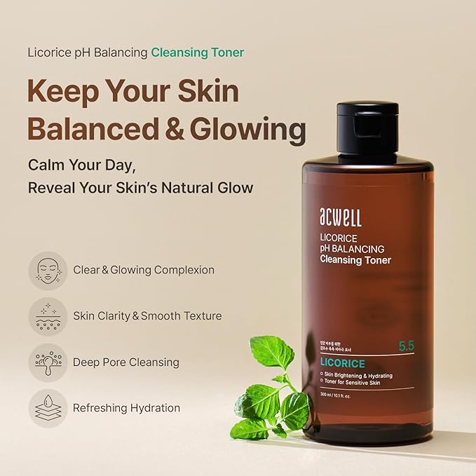 ACWELL Licorice pH Balancing Cleansing Toner 10.14 fl.oz. - PH5.5 Hydrating Makeup Cleansing Astringent - Skin Clearing, Reduce Pigmentation, Acne and Dark Spots