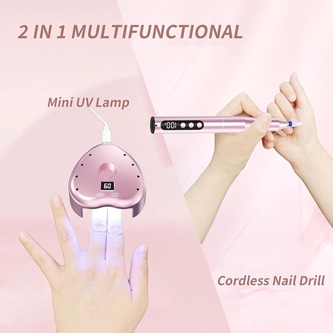 Denabuty Cordless Electric Nail Drill File: 35000RPM Professional Nail Drill Machine with UV LED Nail Lamp Charging Base, Manicure Pedicure Kit E File for Acrylic Gel Dip Powder Polish Pink