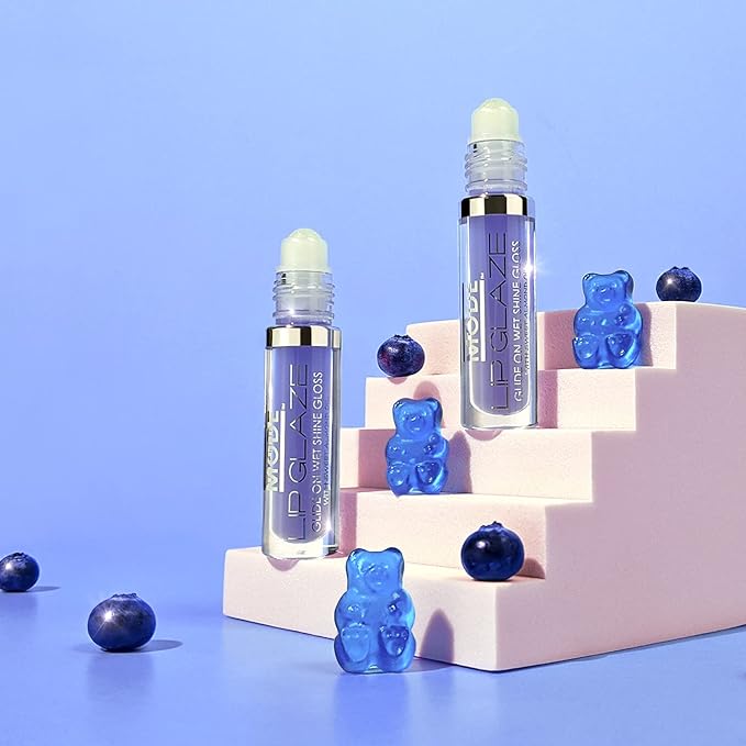 MODE Lip Glaze Flavored Lip Gloss BLUEBERRY GUMMY BEAR Delicious Yummy Flavor, Roll On Sweet Wet Nourishing Shine, Hydrating Skincare Fruit Oils, Made in NY USA