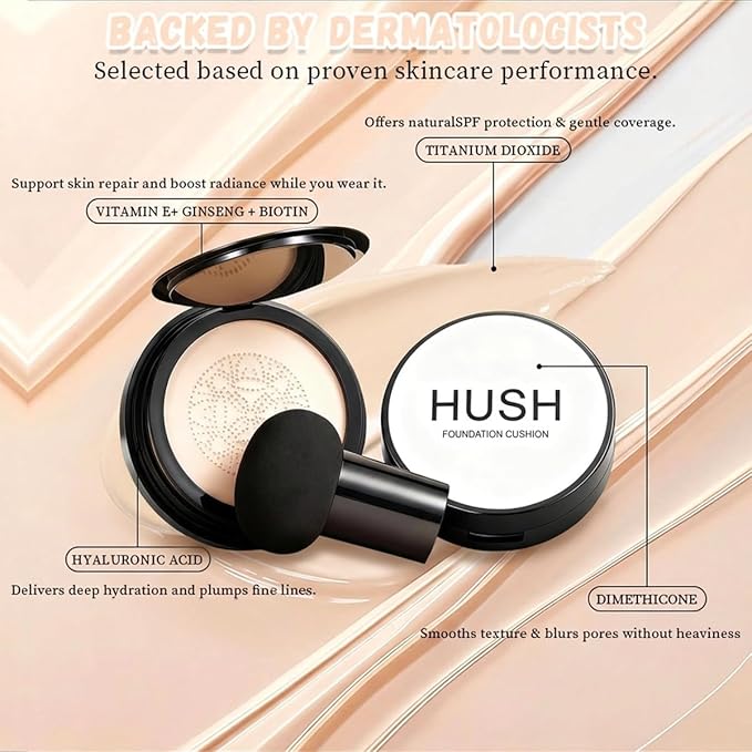 Hush Foundation for Mature Skin – Warm Tone CC Cream Air Cushion, Full Coverage Long-Lasting BB Cream Foundation with Mushroom Head Applicator, Natural Radiant Finish for Light to Medium Complexions