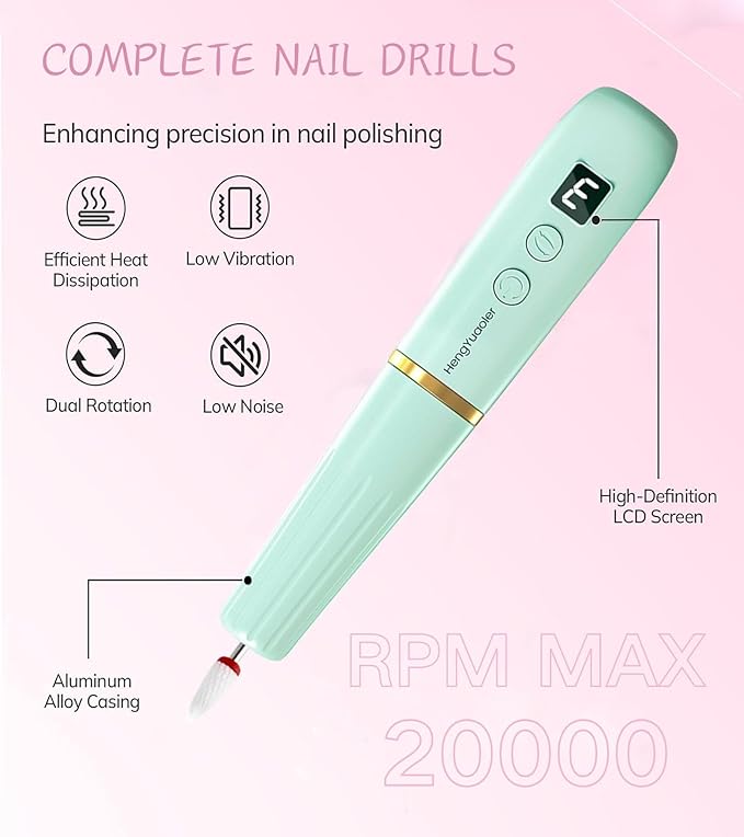 HengYuaoler Electric Nail Drill Machine File Efile Set for Acrylic Gel Nails Portable Nail Drill Machine Kit Rechargeable Pedicure Tools for Hand Feet Manicure Pedicure Tools Polishing Set(Blue)