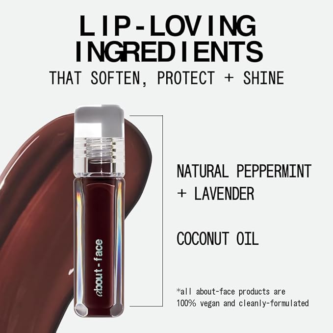 about-face Light Lock Lip Gloss Play Hooky – Non-Sticky, High-Shine Lip Oil Gloss with Coconut Oil, Peppermint & Lavender – Vegan, Cruelty-Free, Clean Beauty – 0.21 oz (Plum Brown)