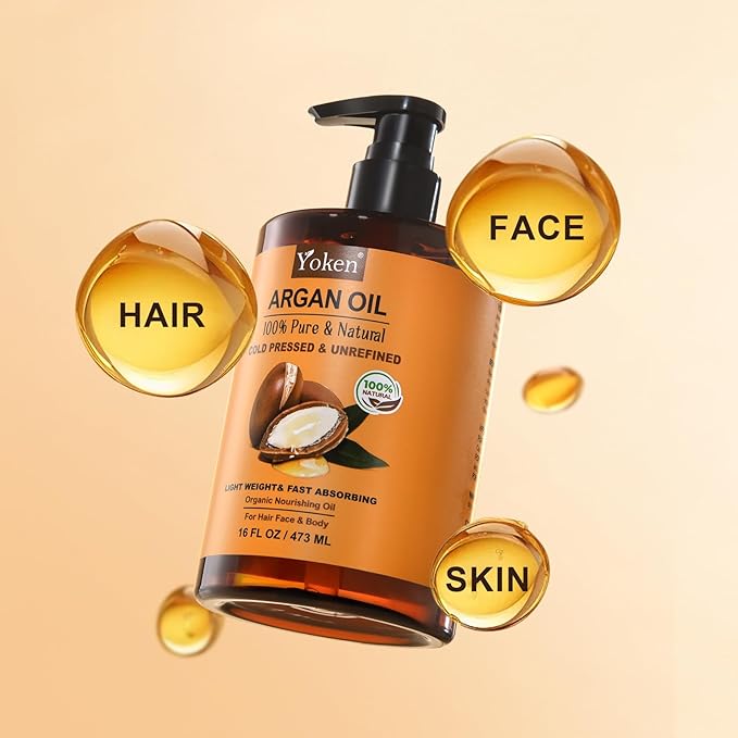 Yoken Pure Argan Oil 16 fl oz 100% Natural Cold Pressed Argan Oil for Hair Face Skin Scalp Body Care, Origin from Morocco, Unrefined Fast Nourishing Hair Oil Skin Moisturizer Carrier Oil
