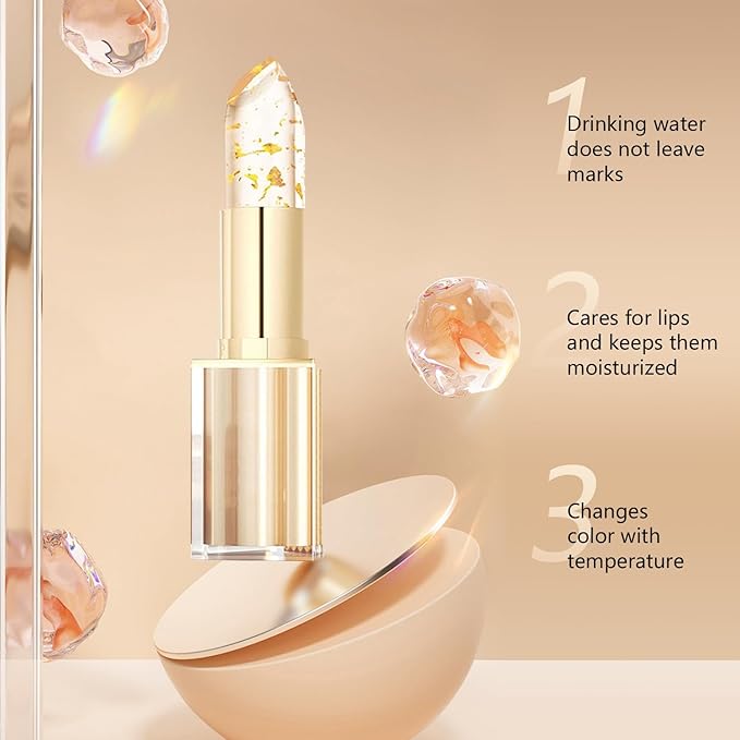 2Pcs Transferproof Color Changing Lipstick,Gold Crystal Ph Lipstick Color Changing,Clear Lip stick That Changes Color,Long Lasting 24 Hours Moisturizing Glossy Shine Lip Gloss for Women