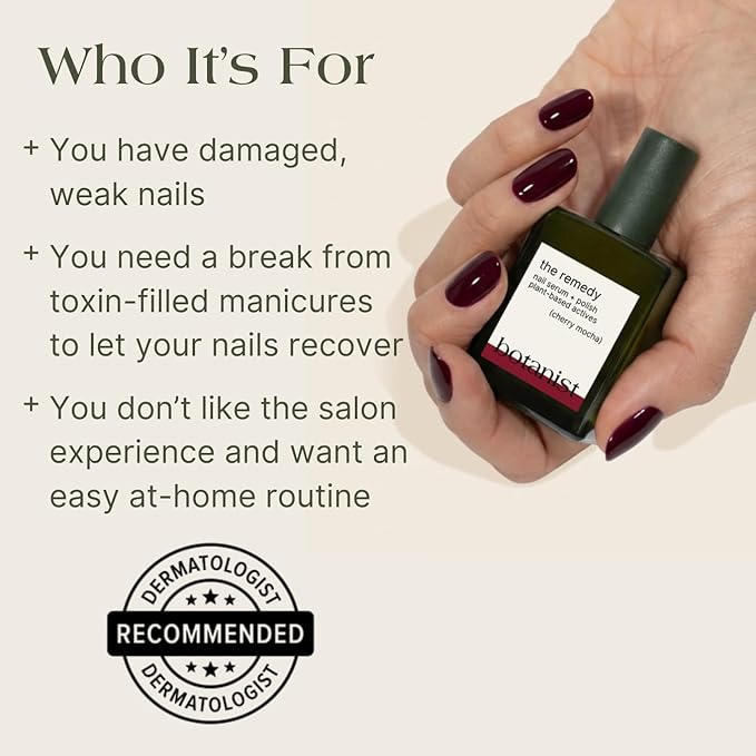 Botanist The Remedy | Nail Strengthening Polish | Repairs & Hardens Nails Damaged from Acrylics, Dip & Gel Manicures | Non-Toxic, 84% Plant Based, 21-Free & Vegan (Cherry Mocha)