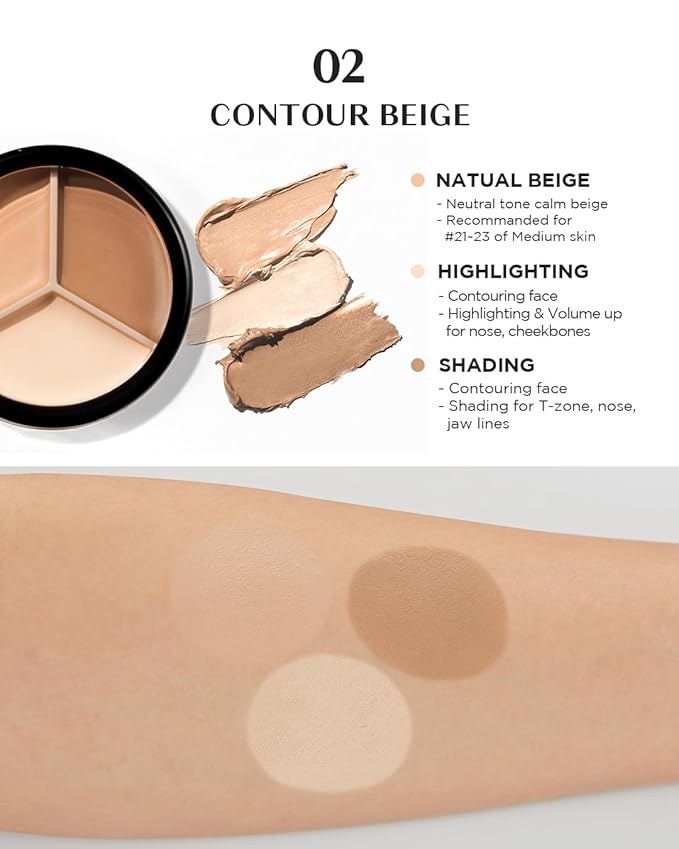 THESAEM Cover Perfection Triple Pot Concealer - 02 Contour Beige for 3D Facial Contouring - 3-Color Multi Concealer Palette with Shading & Highlighting - Korean Makeup with Sweet Almond Oil