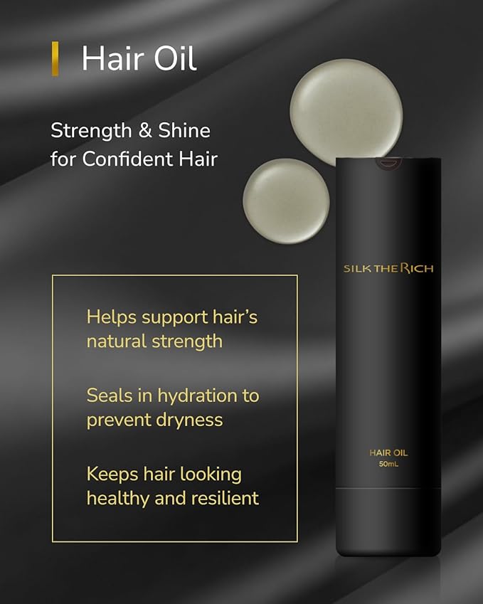 SILK THE RICH Hair Oil Heat Protectant, Split End Repair, Smoothing Salon-Quality Treatment with Argan Oil for Frizzy, Damaged, Dry Hair, Fragrance Scalp Moisture, Travel Size, Black (1.7 fl oz, 50ml)