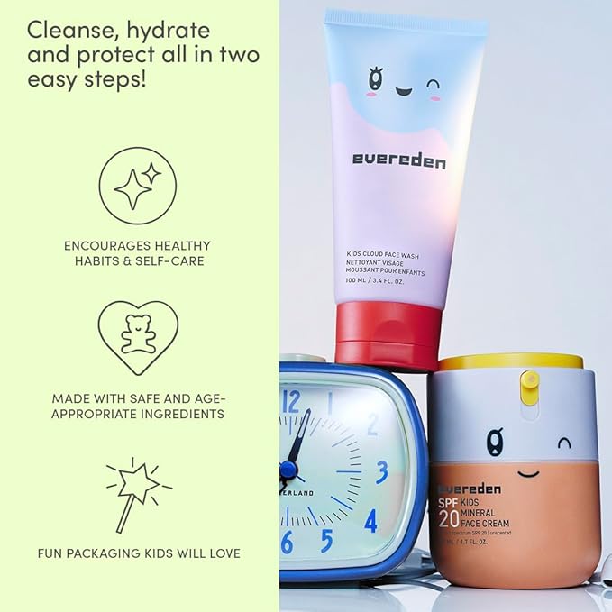 Evereden Kids Healthy Morning Duo Spa Headband for Girls: Clean & Vegan Skin Care Bundle | Cloud Face Wash + SPF 20 Mineral Face Cream | Non-Toxic | Easy-to-Use Skincare