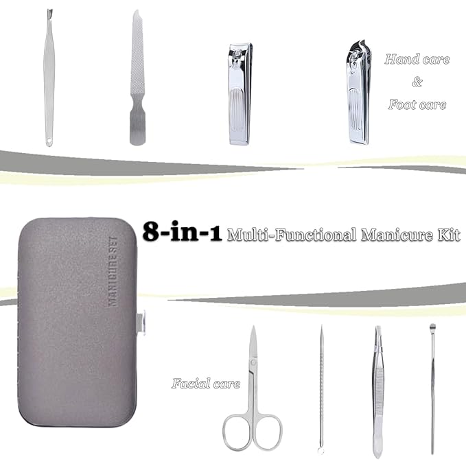 Nail Clippers Set, Manicure Grooming Care Tools Kit: Fingernail Clipper & Toenail Pedicure Cutter, Mini Nail Trimmer Kit with Travel Case Gifts for Men, Women (Grey)