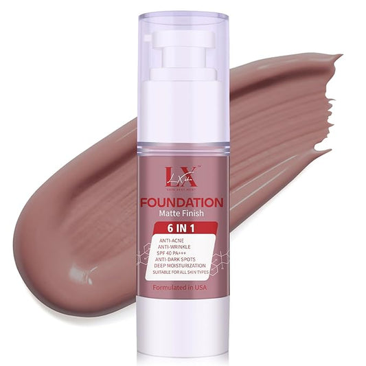 6-in-1 Makeup Infused with 1% Hyaluronic Acid- Matte + Poreless Liquid Foundation For A Glowing & Soft-Focus Look, Suitable for All Skin Types (410 Deep, Acne-serum Foundation)