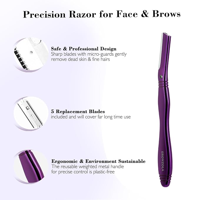 EROWZOLA Eyebrow Razor for Women and Men, Face Razors for Women, Dermaplane Razor with Protective Silicone Cover, Reusable Metal Handle with 6 Refill Blades, Skin Care Tool - Purple