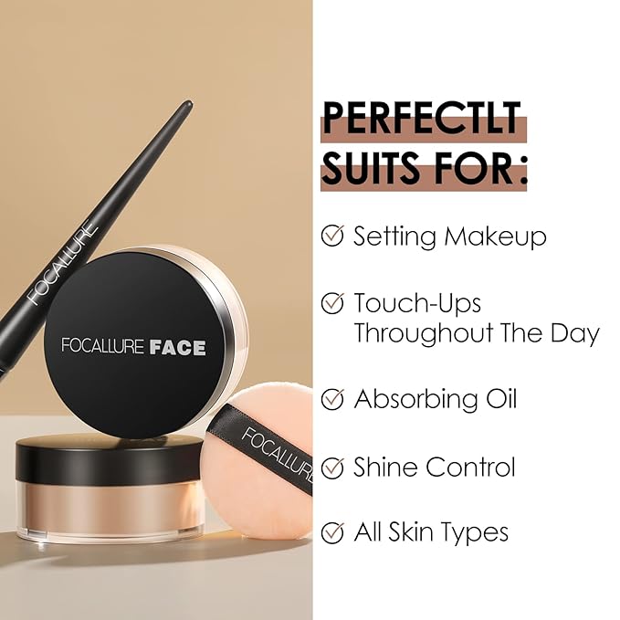 FOCALLURE Oil Control Loose Face Powder, Translucent Loose Setting Powder, Shine-Free Matte Finishing Powder, Long-lasting & Lightweight Sets Foundation Makeup, Includes Velour Powder Puff, Sand