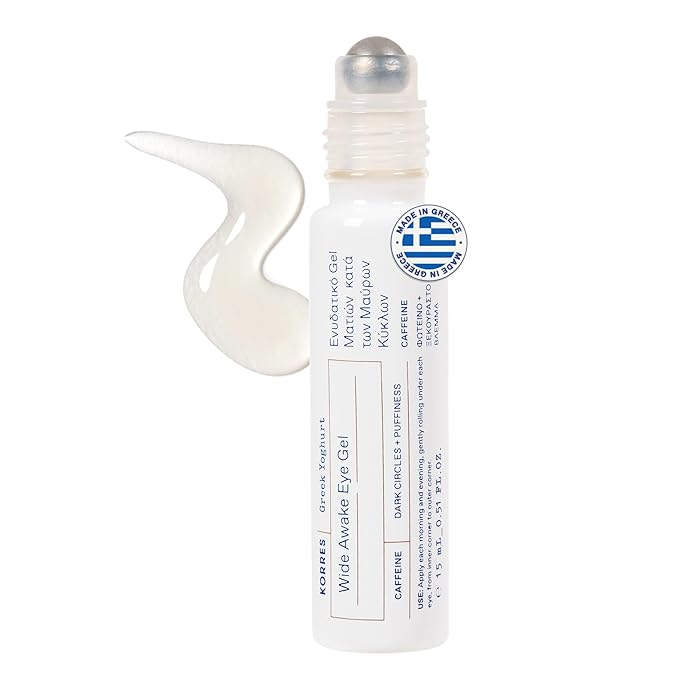 KORRES Greek Yoghurt Wide Awake Eye Gel Serum with Hyaluronic Acid & Caffeine for Dark Circles & Puffy Eyes, Roller Ball, Brightening & Hydrating, 0.51 fl oz