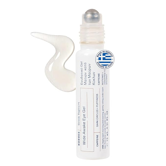 KORRES Greek Yoghurt Wide Awake Eye Gel Serum with Hyaluronic Acid & Caffeine for Dark Circles & Puffy Eyes, Roller Ball, Brightening & Hydrating, 0.51 fl oz